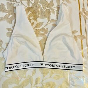 Victoria Secret Cotton Logo Plunge Bralette Bra White Sz XS A70 AA75 B70